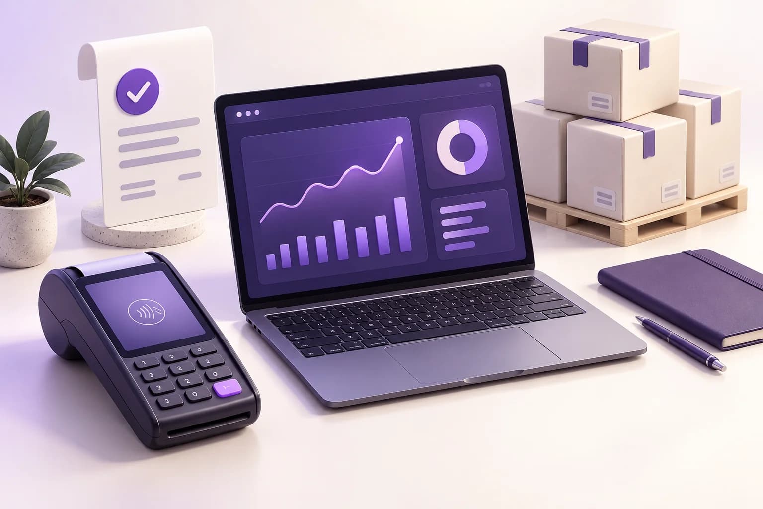 Ilustração de gestão integrada com computador, nota fiscal, estoque e terminal de pagamento.